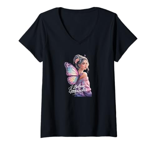 Damen Ich glaube an Wunder, Aquarelldesign T-Shirt mit V-Ausschnitt von Elastee