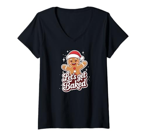 Damen Lustiges Gingerman-Design, Let's Get Baked, Weihnachtszeit T-Shirt mit V-Ausschnitt von Elastee