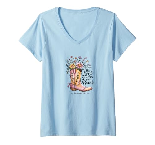 Damen The Lord Guides Our Boots, Bibelzitat Relatet Design T-Shirt mit V-Ausschnitt von Elastee