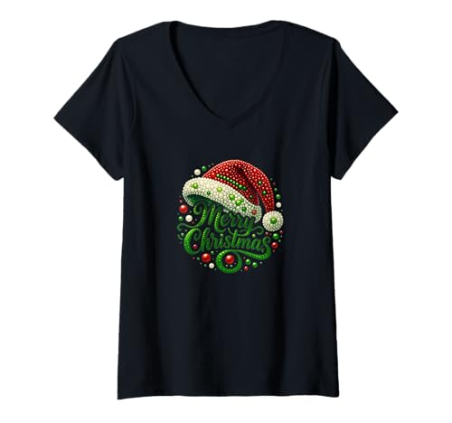Damen Weihnachtsmütze mit Perlen-Motiv T-Shirt mit V-Ausschnitt von Elastee