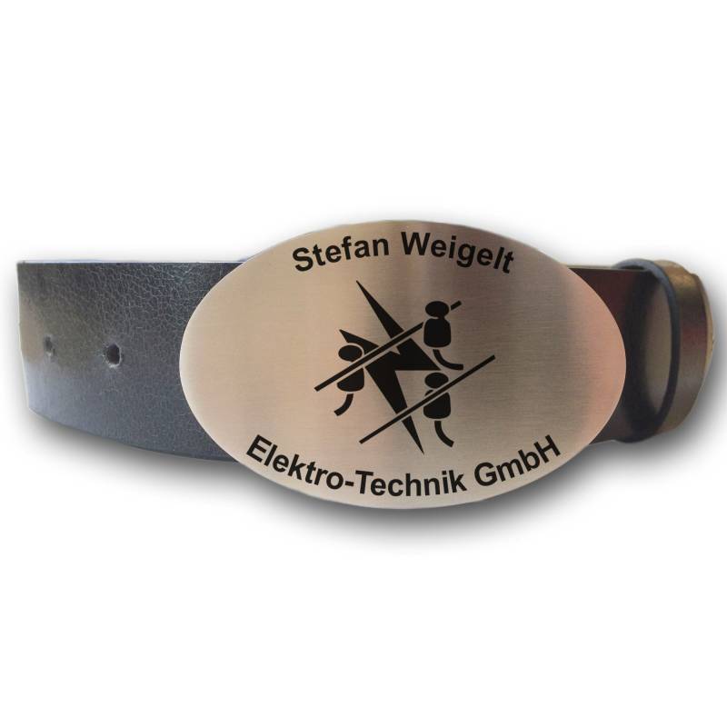 Ledergürtel Mit Ovaler Gürtelschnalle Zunftsymbol Elektriker Und Wunschgravur Personalisiert Dein Text Name Firmenname Geschenkbox Workwear von Elbedruck