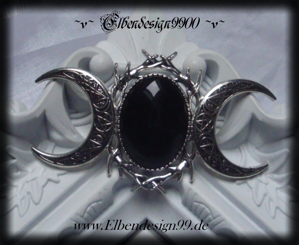 Brosche ~Dreimondin~ Schwarz Mond Wicca Pagan Hexe Mondphasen Göttin Halbmond Gothic Anstecknadel von Elbendesign99