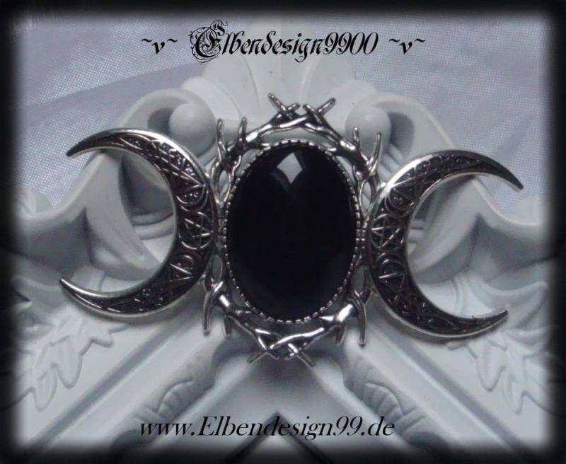 Brosche ~Dreimondin~ Schwarz Mond Wicca Pagan Hexe Mondphasen Göttin Halbmond Gothic Anstecknadel von Elbendesign99
