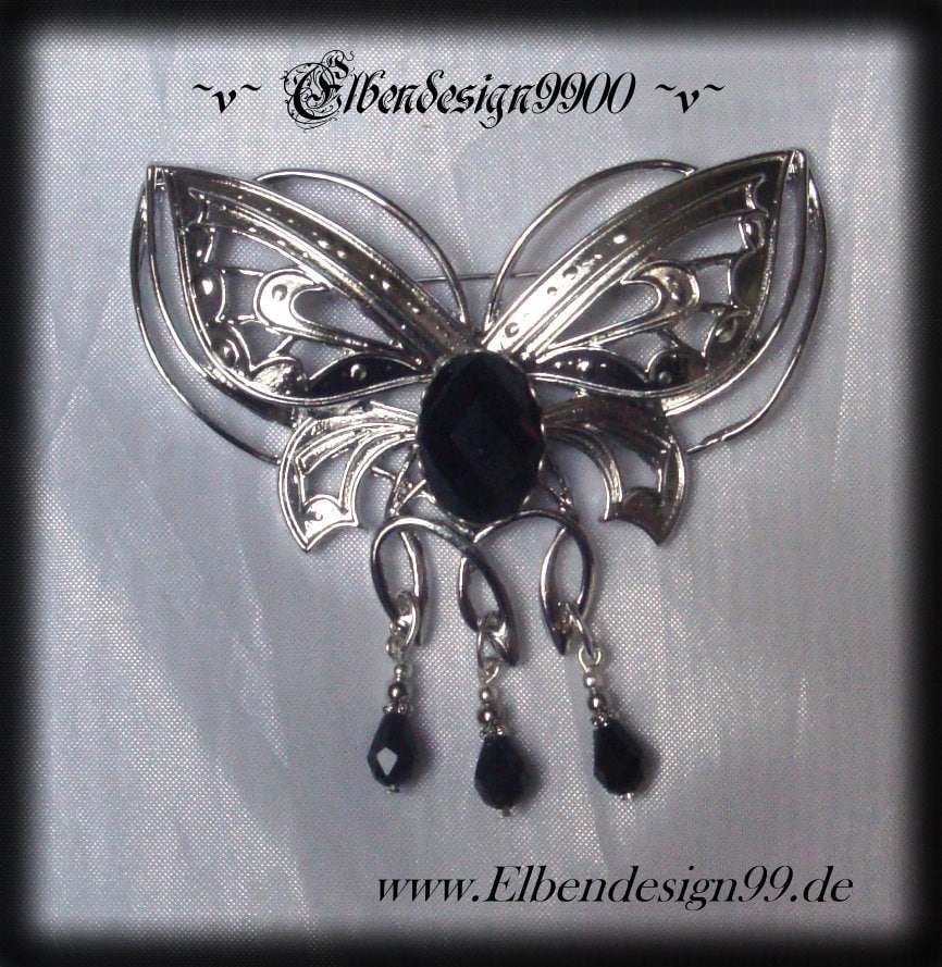 Brosche Schmetterling Schwarz Elben Wicca Pagan Hexe Göttin Glasstein Gothic Anstecknadel Glasperlen Fibel von Elbendesign99