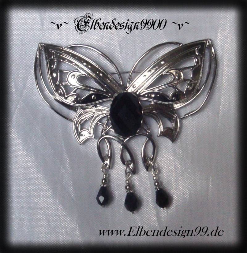 Brosche Schmetterling Schwarz Elben Wicca Pagan Hexe Göttin Glasstein Gothic Anstecknadel Glasperlen Fibel von Elbendesign99
