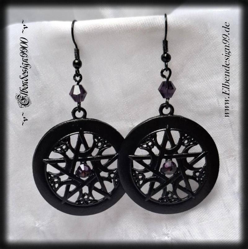 Ohrschmuck Schwarz Pentagramm Violett Gothic Steampunk Renaissance Keltisch Chandeliers Strass Avantgarde Wicca von ElbendesignsDarkside