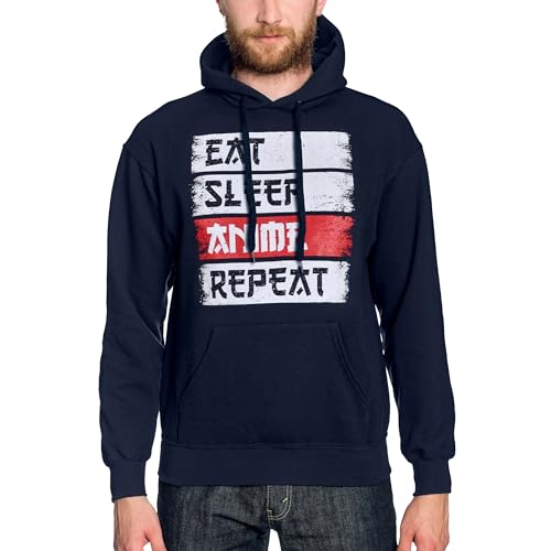 Elbenwald Anime Hoodie - Kapuzenpullover mit Daily Routine Eat Sleep Anime Repeat Motiv für Herren Damen Unisex Baumwolle Dunkelblau - L von Elbenwald
