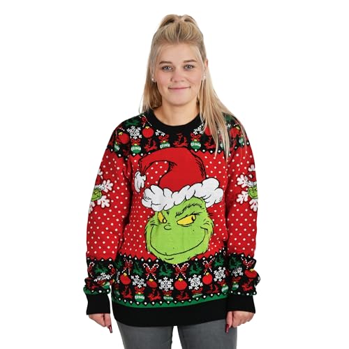 Elbenwald Der Grinch Strickpullover mit Christmas Grinch Motiv für Herren Damen Unisex Baumwolle rot - L von Elbenwald