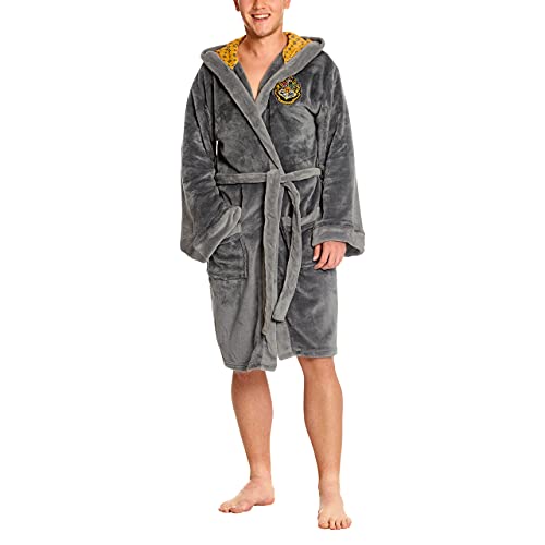 Elbenwald Harry Potter Bademantel mit Kapuze mit großem Hufflepuff Wappen auf dem Rücken und aufgesetzten Taschen für Damen und Herren grau 110 cm von Elbenwald
