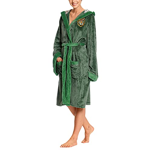 Elbenwald Harry Potter Bademantel mit Kapuze mit großem Slytherin Wappen auf dem Rücken und aufgesetzten Taschen für Damen und Herren grün 110 cm von Elbenwald