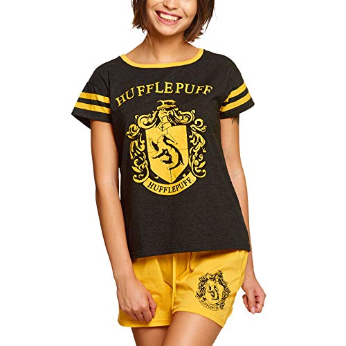 Elbenwald Harry Potter Pyjama Hogwarts Häuserwappen Hufflepuff Frontprint 2teilig für Damen kurz gelb - XS von Elbenwald