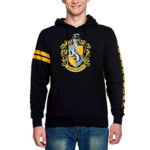 Elbenwald Harry Potter Hoodie Hufflepuff Wappen Frontprint und Ärmelprint mit Kapuze und Tasche für Herren Damen Unisex Baumwolle schwarz - XXL von Elbenwald