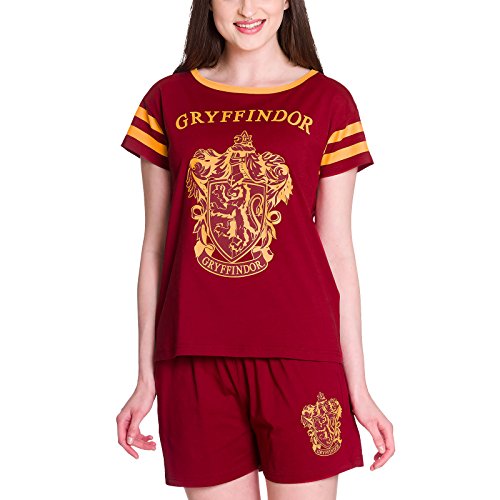 Elbenwald Harry Potter Pyjama Hogwarts Häuserwappen Gryffindor Frontprint 2teilig für Damen kurz rot - L von Elbenwald