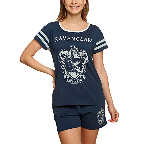 Elbenwald Harry Potter Pyjama Hogwarts Häuserwappen Ravenclaw Frontprint 2teilig für Damen kurz blau - L von Elbenwald