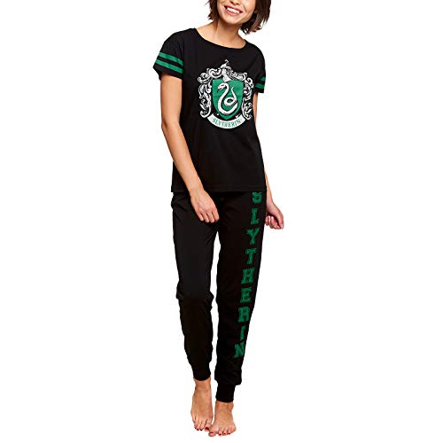 Elbenwald Harry Potter Pyjama Slytherin Häuserwappen Frontprint und Schriftzug auf Hose 2teilig für Damen Baumwolle schwarz - L von Elbenwald