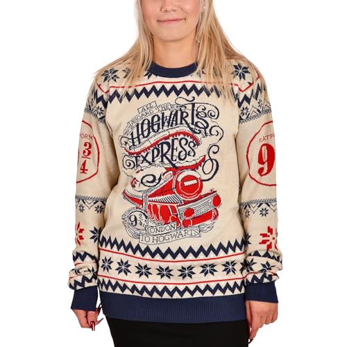 Elbenwald Harry Potter Strickpullover mit Hogwarts Express Motiv für Herren Damen Unisex Baumwolle beige - L von Elbenwald