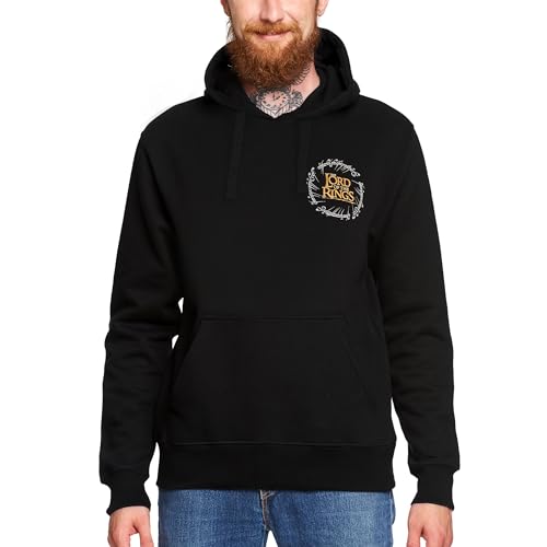 Elbenwald Herr der Ringe Hoodie - Kapuzenpullover mit Logo Frontprint und Karte von Mittelerde auf dem Rücken für Herren Damen Unisex Baumwolle schwarz - M von Elbenwald