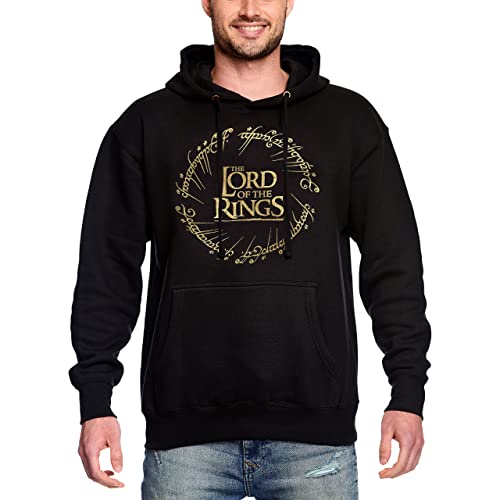 Elbenwald Herr der Ringe Hoodie mit großem Der Eine Ring Motiv auf der Vorderseite, Kapuze mit Tunnelzug und Eingrifftasche vorn für Herren Damen schwarz - S von Elbenwald