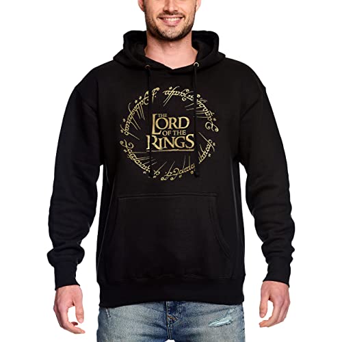 Elbenwald Herr der Ringe Hoodie mit großem Der Eine Ring Motiv auf der Vorderseite, Kapuze mit Tunnelzug und Eingrifftasche vorn für Herren Damen schwarz - XXL von Elbenwald