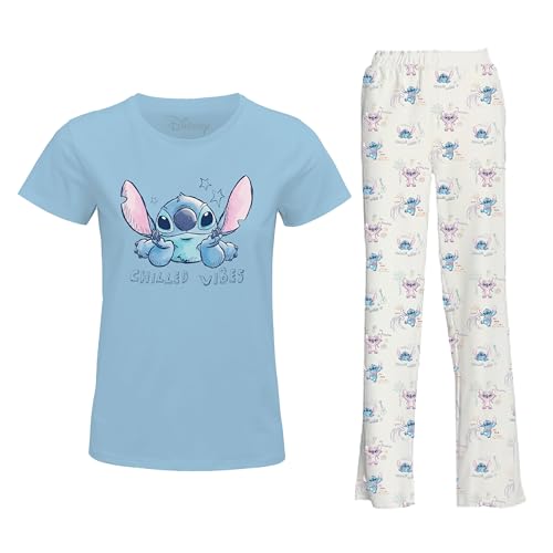 Elbenwald Lilo & Stitch Pyjama Schlafanzug Set 2-teilig Chilled Vibes Design für Damen - Baumwolle, Weiß Blau - M von Elbenwald
