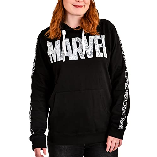 Elbenwald Marvel Hoodie mit Comic Logo Motiv für Herren Damen Unisex mit Kapuze, Ärmelprint und vorderen Eingrifftaschen Baumwolle schwarz - L von Elbenwald