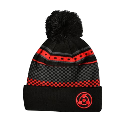 Elbenwald Naruto Shippuden Strickmütze mit Bommel - Kuschelige Bommelmütze in Einheitsgröße mit Sharingan Symbol für Herren Damen Unisex Schwarz Grau Rot von Elbenwald