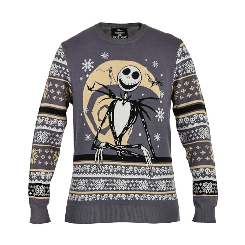 Elbenwald Nightmare Before Christmas Strickpullover mit Jack Skellington Motiv - Ugly Christmas Sweater für Herren Damen Unisex Grau - M von Elbenwald
