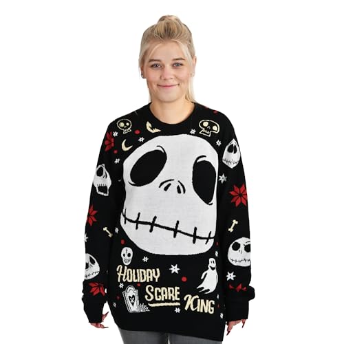 Elbenwald Nightmare Before Christmas Strickpullover mit Jack Skellington Motiv für Herren Damen Unisex Baumwolle schwarz - L von Elbenwald