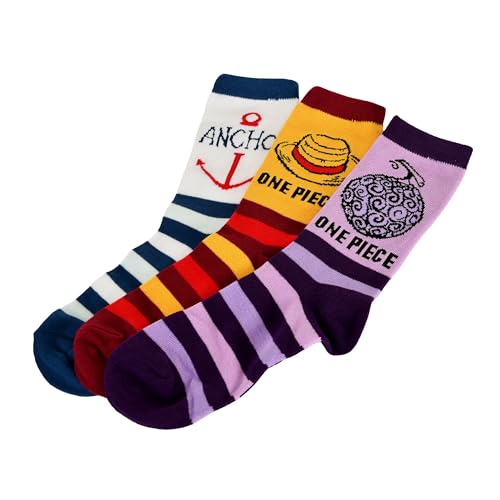 Elbenwald One Piece Socken 3er Set für Anime Fans Herren Damen Unisex aus Baumwolle - Geschenkbox - Gelb Weiß Lila - 40-45 von Elbenwald