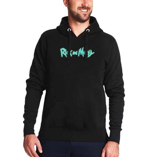 Elbenwald Rick and Morty Hoodie - verrückter Kapuzenpullover mit Portal Poyz Motiv als Print auf dem Rücken und Schriftzug auf der Vorderseite für Herren Damen Unisex Baumwolle Schwarz - M von Elbenwald