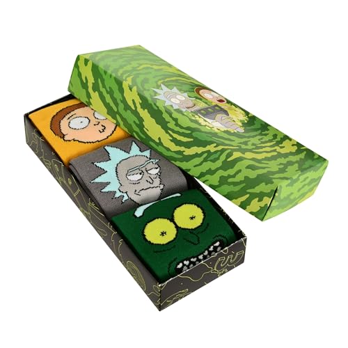 Elbenwald Rick and Morty Socken 3er Set für Herren Damen Unisex aus Baumwolle - Geschenkbox - Gelb Grün Grau - 36-39 von Elbenwald