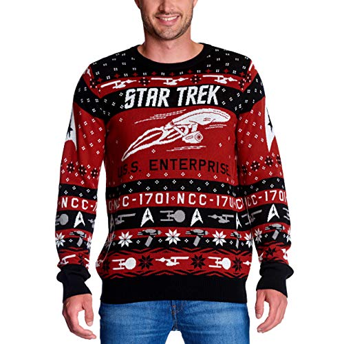 Elbenwald Star Trek Strickpullover mit USS Enterprise Motiv für Herren Damen Unisex Baumwolle rot - S von Elbenwald