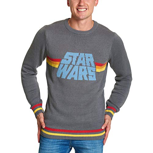 Elbenwald Star Wars Strickpullover mit Vintage Retro Logo Frontmotiv für Herren Damen Unisex Baumwolle grau - M von Elbenwald