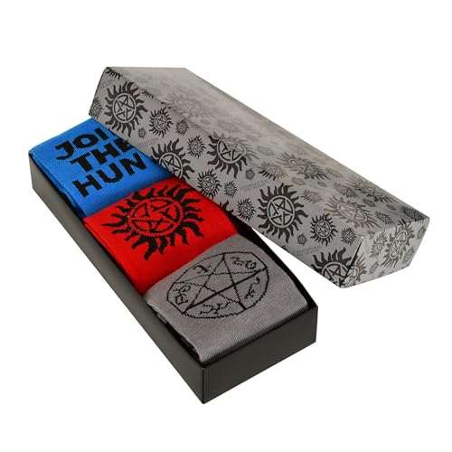 Elbenwald Supernatural Socken 3er Set für Herren Damen Unisex aus Baumwolle - Geschenkbox - Blau Rot Grau - 36-39 von Elbenwald