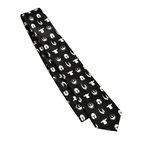 Elbenwald The Mandalorian Krawatte im Symbols Design - Grogu, Mandalorianer Helm, New Republic und Clan Mudhorn - für Herren Damen Unisex 152 x 7 cm Schwarz Weiß von Elbenwald