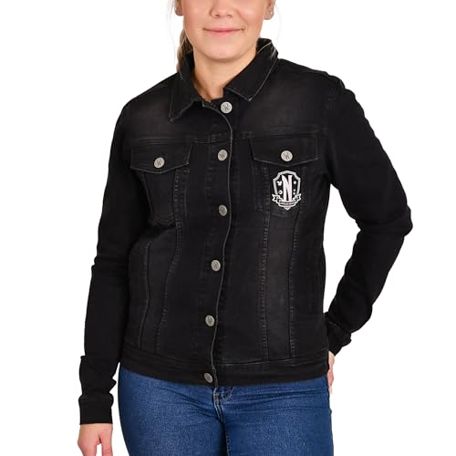 Elbenwald Wednesday Jeansjacke mit Nevermore Academy Design für Herren Damen Unisex Baumwolle schwarz - L von Elbenwald