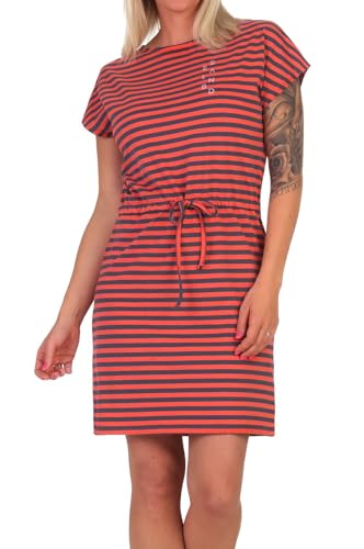 Elbsand Damen Jersey-Kleid ESWSellvie Shirtkleid Kurzarm mit Streifen 70721 00 Hot Coral+Charcoal Stripe (038) XS von Elbsand