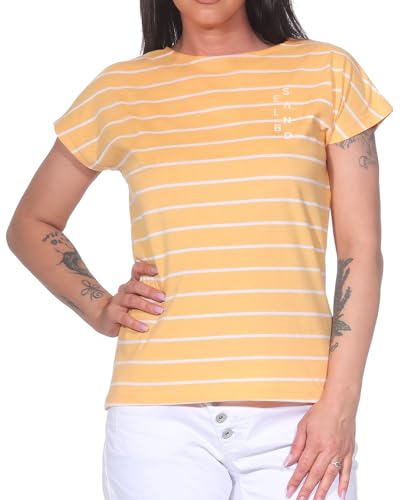 Elbsand Damen T-Shirt ESWSelma Kurzarmshirt mit Streifen 70691 00 Orange Haze + Bright White Stripe (087) L von Elbsand