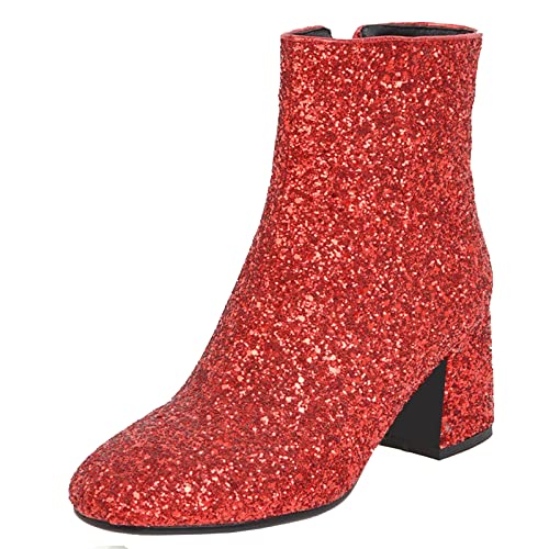 Elbslutt Damen Glitzer Glitzer Stiefel Chunky Heels Stiefeletten Rücken Reißverschluss Blockabsatz Kurze Pailletten Stiefel Hochzeit Braut Party Kleid Schuhe, rot (2), 39 EU von Elbslutt