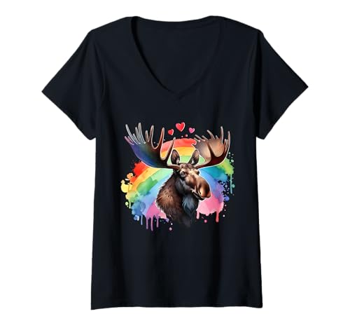 Damen Moose Elch T-Shirt mit V-Ausschnitt Damen Moose Elch T-Shirt mit V-Ausschnitt von Elch Damen Herren