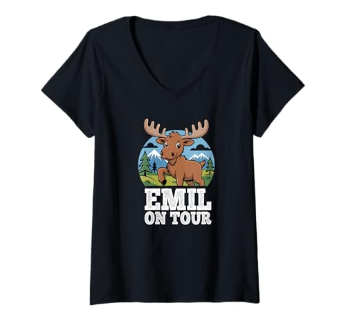 Damen Emil ON Tour Elch Berge Wald Kinder Reise Abenteuer T-Shirt mit V-Ausschnitt Damen Emil ON Tour Elch Berge Wald Kinder Reise Abenteuer T-Shirt mit V-Ausschnitt von Elch Emil Berge Wandern Camping Abenteuer Kinder