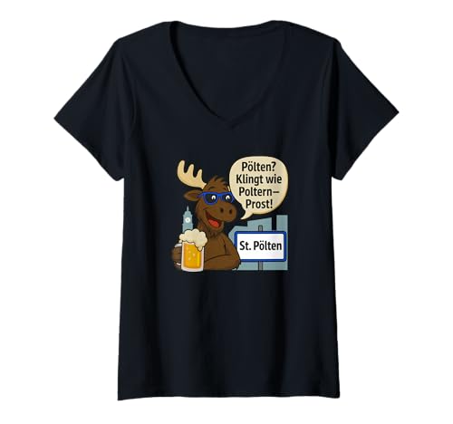 Damen Emil in St. Pölten klingt wie Poltern Prost Design T-Shirt mit V-Ausschnitt von Elch Emil wandert durch Österreich Souvenir Design