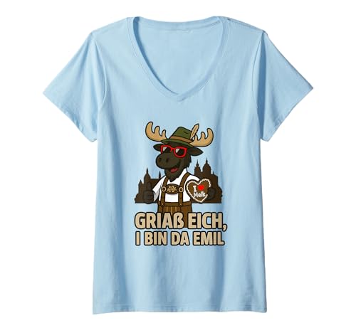 Damen Griaß Eich i Bin der Emil ich Liebe Melk Elch Trachtenlook T-Shirt mit V-Ausschnitt Damen Griaß Eich i Bin der Emil ich Liebe Melk Elch Trachtenlook T-Shirt mit V-Ausschnitt von Elch Emil wandert durch Österreich Souvenir Design