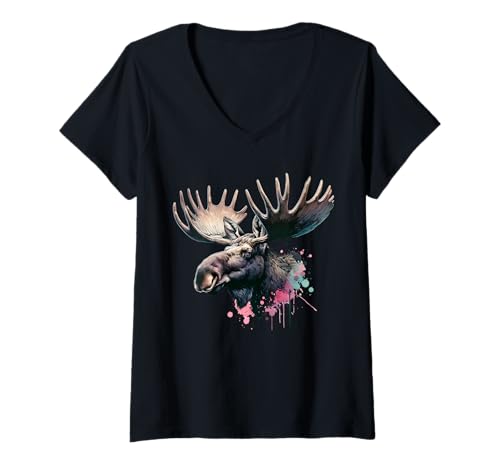 Damen Moose Elch T-Shirt mit V-Ausschnitt Damen Moose Elch T-Shirt mit V-Ausschnitt von Elch Motive Für Herren Und Damen