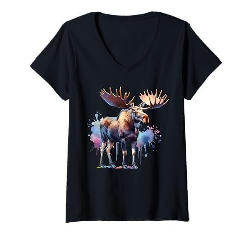 Damen Moose Elch T-Shirt mit V-Ausschnitt Damen Moose Elch T-Shirt mit V-Ausschnitt von Elch Motive Für Herren Und Damen