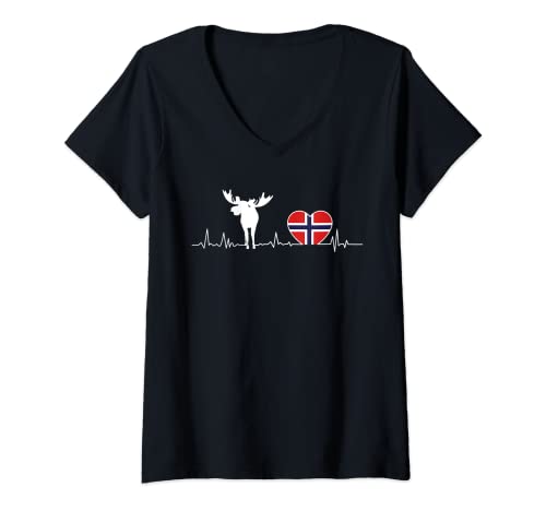 Damen Norwegen Elch T-Shirt mit V-Ausschnitt von Elch Norwegen Heartbeat Skandinavien