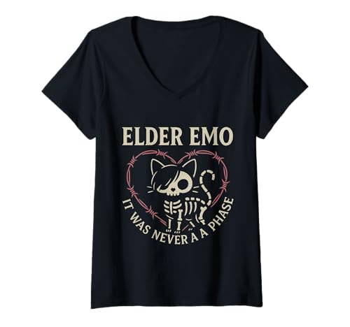 Damen Elder Emo Never A Phase – Katzenskelett Goth Musik Design T-Shirt mit V-Ausschnitt Damen Elder Emo Never A Phase – Katzenskelett Goth Musik Design T-Shirt mit V-Ausschnitt von Elder Emo Shirts & Gifts HHWCo.