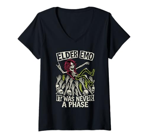 Damen Elder Emo Never A Phase - Skeleton Music Rock Crowdsurfing T-Shirt mit V-Ausschnitt Damen Elder Emo Never A Phase - Skeleton Music Rock Crowdsurfing T-Shirt mit V-Ausschnitt von Elder Emo Shirts & Gifts HHWCo.