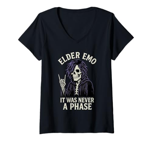 Damen Elder Emo Never A Phase – Skelett Goth Musik Rock Design T-Shirt mit V-Ausschnitt Damen Elder Emo Never A Phase – Skelett Goth Musik Rock Design T-Shirt mit V-Ausschnitt von Elder Emo Shirts & Gifts HHWCo.