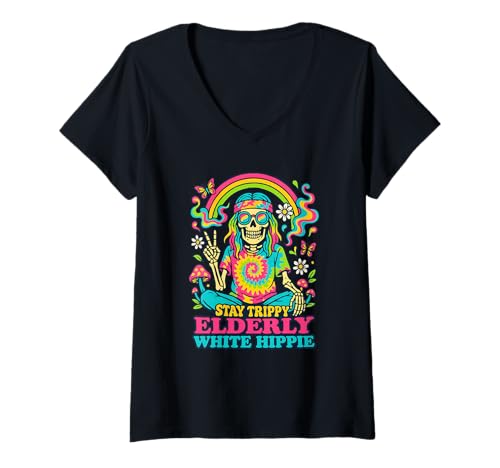 Damen Stay Tripy Elderly White Hippie Skeleton Rainbow Peace T-Shirt mit V-Ausschnitt Damen Stay Tripy Elderly White Hippie Skeleton Rainbow Peace T-Shirt mit V-Ausschnitt von Elderly Hippie Retro Rainbow Love Peace
